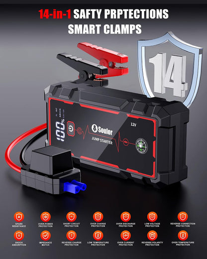 Jump Starter, Battery Jumper Starter Portable, Car Battery Jump Starter with 3 Modes Flashlight, Compass, Power Bank and Jumper Cable