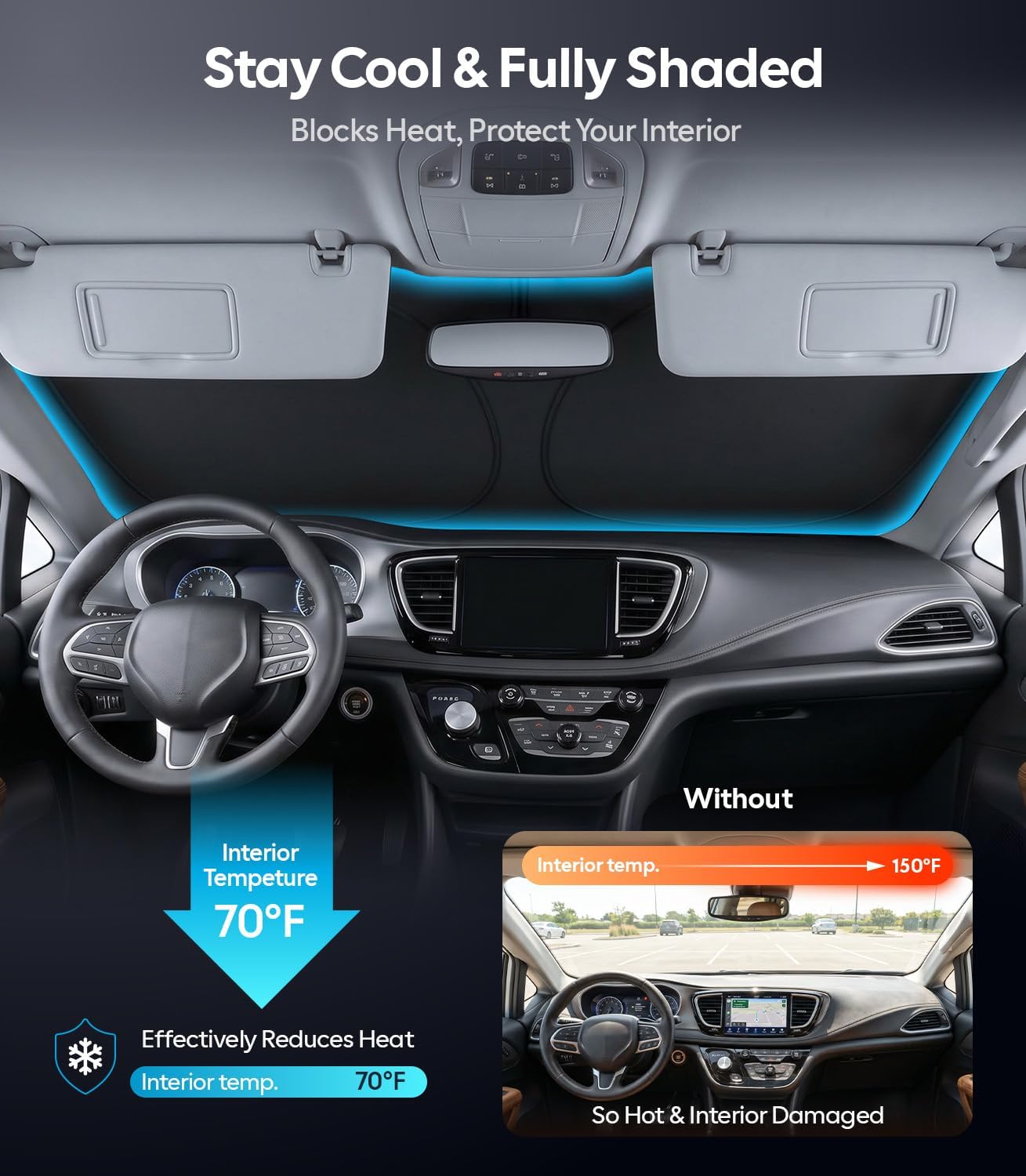Wigoo Tesla New Model Y Accessories Windshield Sunshade [OEM Design, 100% Sun Blockage] Foldable Heat Insulation Sunshade with Storage Bag, for Model Y 2020~2026 (Juniper), Silver Coating - Colors B