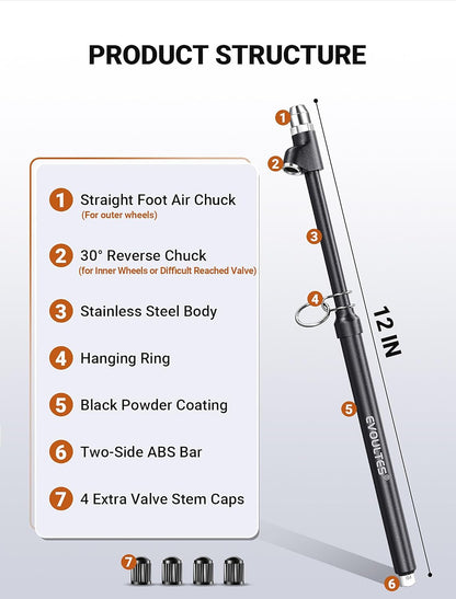 EVOULTES Heavy Duty Tire Pressure Gauge, Straight-On Dual Head Air Pressure Gauge Range 10-150 PSI, Air Gauge & 4 Valve Caps, Semi Truck Tire Gauge for Truck, RV, Car