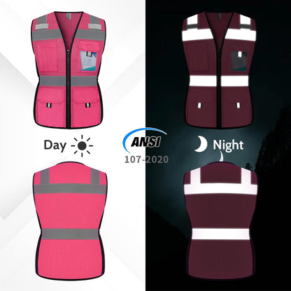 Reflective Vest for Women, Mesh Womens Safety Vest with 11 Pockets and Zipper, Hi Vis Neon Construction Work Vest for Lady Surveyors/Workers, Snugly-Fitted, ANSI Compliant (U-Yellow, S)