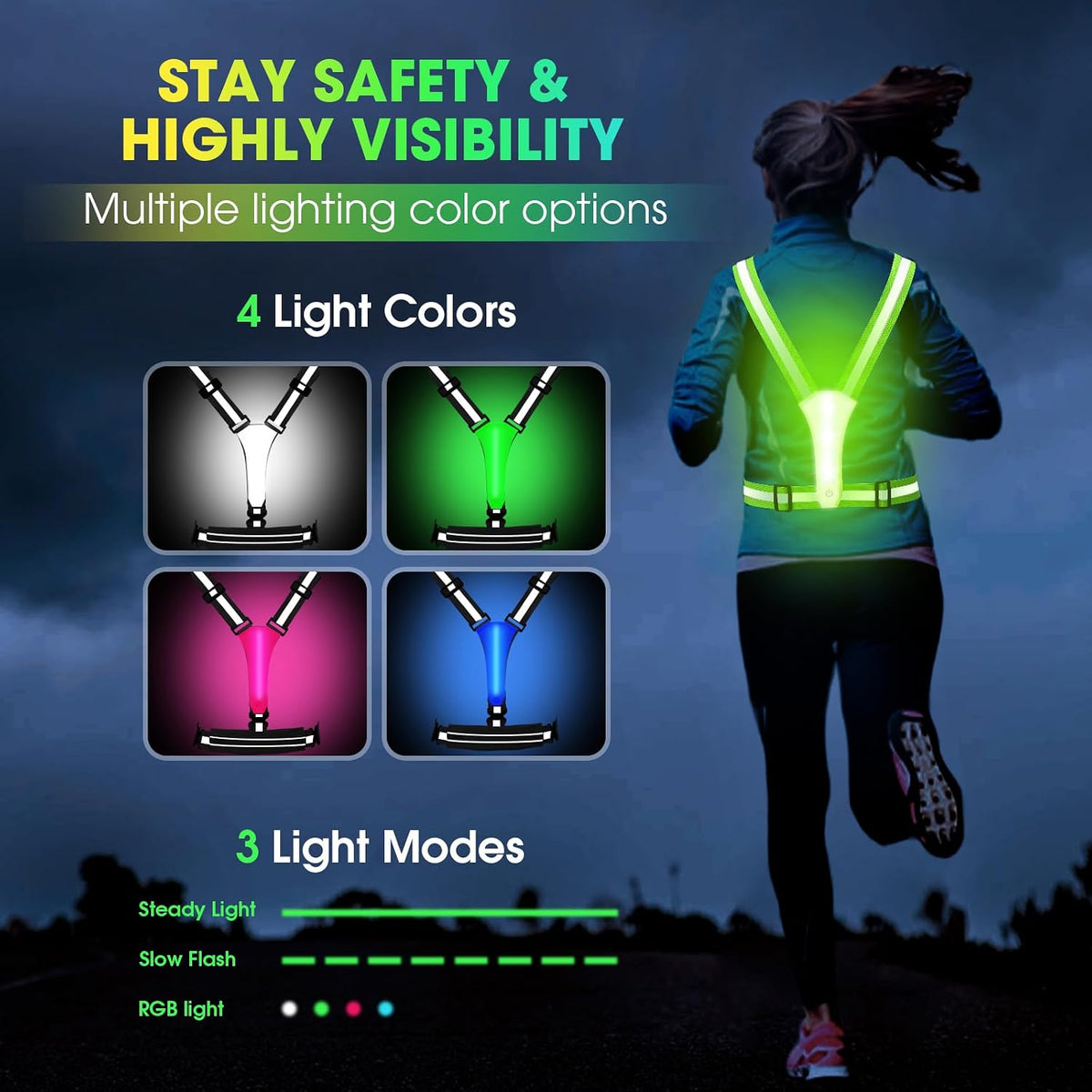 LED Reflective Light Up Safety Running Vest for Biking Walking at Night, LOYAL SEA High Visible Adjustable Running Light for Runners Rechargeable with Pouch, Reflective Running Belt Gear for Men Women