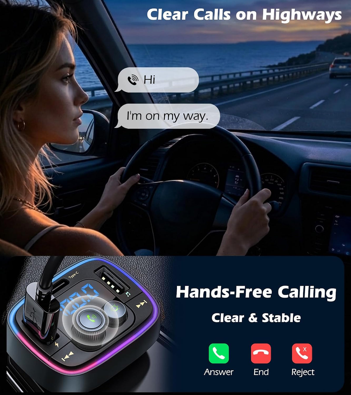 LIHAN FM Transmitter for Car Bluetooth Adapter 5.4,48W PD+QC Fast Charging,Hands-Free Calling,Streams Spotify/Navigation/Music via Car Radio,Wireless Upgrade Non-Bluetooth Cars,USB-C,USB/TF,12V/24V