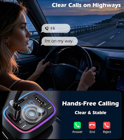 LIHAN FM Transmitter for Car Bluetooth Adapter 5.4,48W PD+QC Fast Charging,Hands-Free Calling,Streams Spotify/Navigation/Music via Car Radio,Wireless Upgrade Non-Bluetooth Cars,USB-C,USB/TF,12V/24V