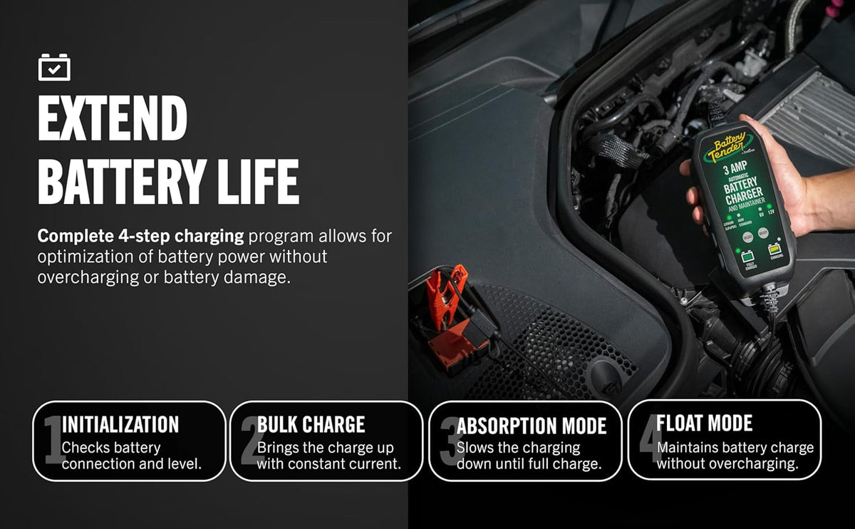 Battery Tender 3 AMP Battery Charger and Maintainer - Automotive Switchable 12V or 6V Smart Automatic for Cars SUVs and Trucks - Lead Acid, AGM, Gel, & Lithium Battery Charger - 022-0202-COS