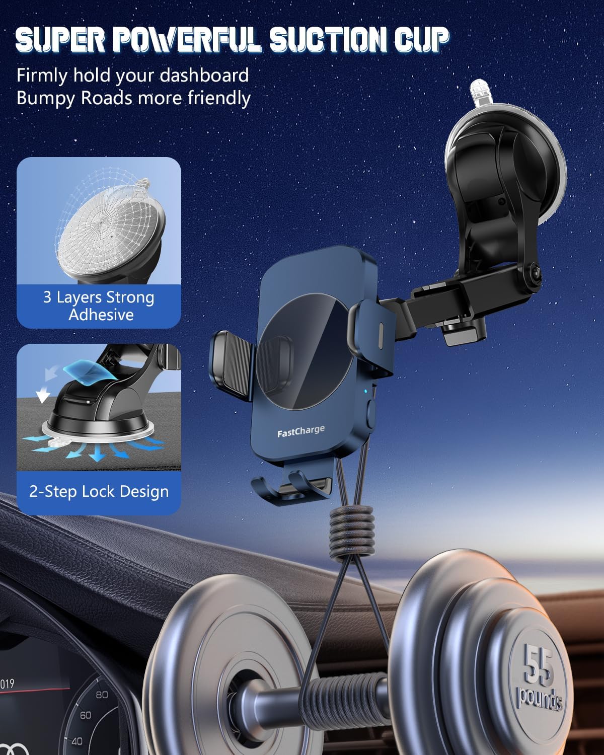 3-in-1 Wireless Car Charger Mount, 15W Fast Charging Auto-Clamping Phone Holder for iPhone 17 16 15 14, Samsung Galaxy S24 S23, Dashboard, Vent & Windshield Car Mount(Black)