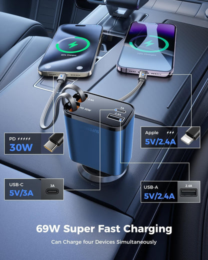 Retractable Car Charger, SUPERONE 99W Car Phone Charger with Cables Fast Charging, USB C Car Charger Adapter for iPhone 17 16 15 14 13 12, Samsung, Black