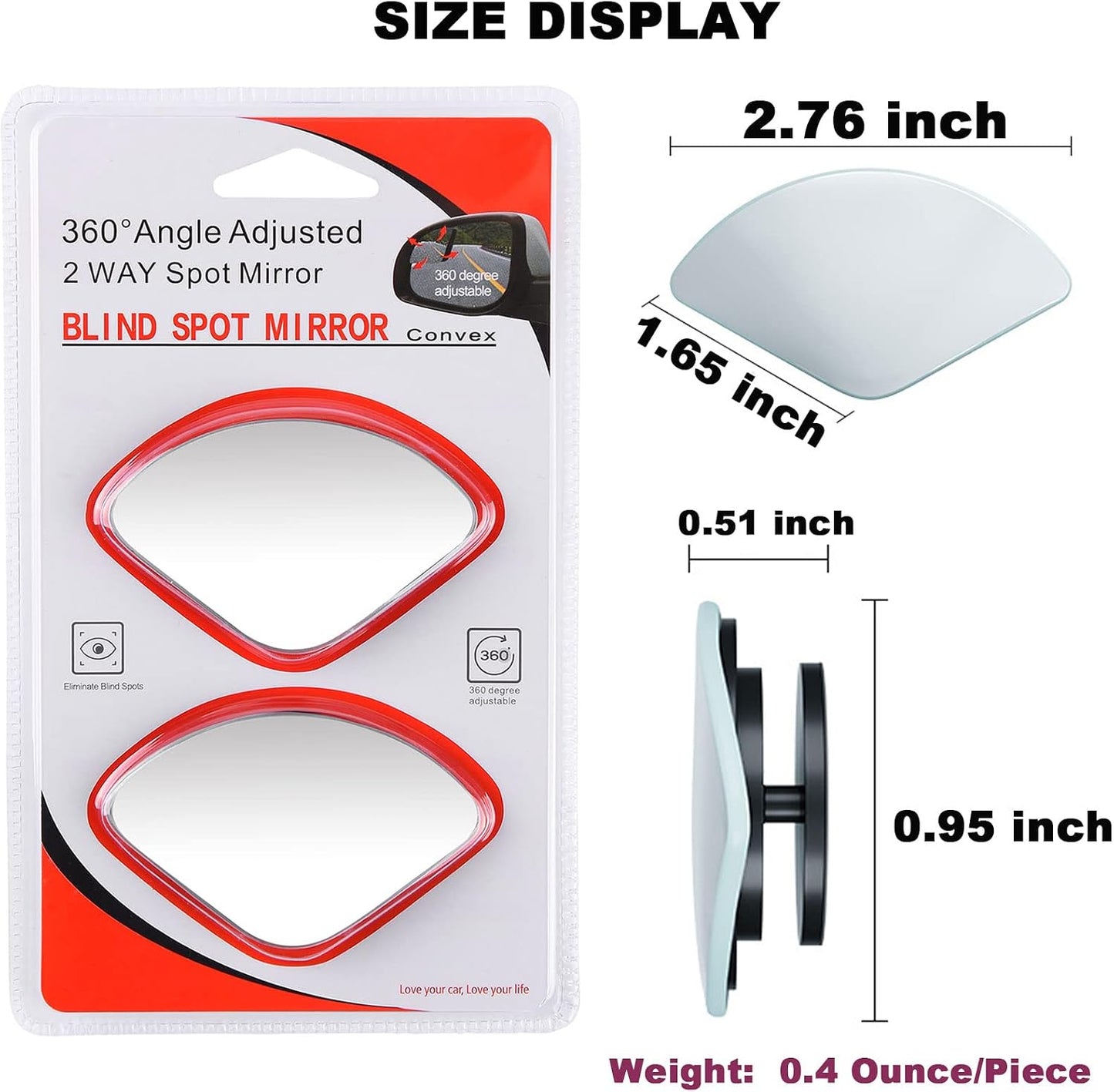 Upgrade HD Glass Wide Angle Blind Spot Mirror, Frameless 360 Adjustable Convex Rear View Mirror for Cars, Trucks and SUV - Big Fan Shaped 2pcs