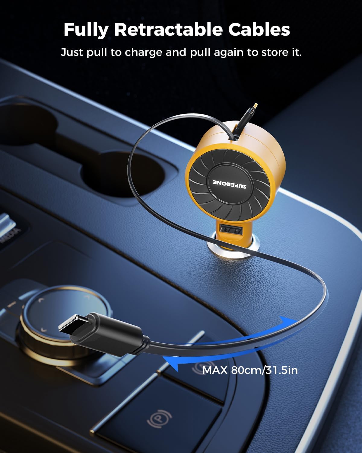 SUPERONE Retractable Car Charger for iPhone with Dual Type C Cables, 4 in 1 USB C Car Charger Adapter with 69W Fast Charging Compatible with iPhone 17 16 15 14 13 12 11 Pro/XS/XR/SE/iPad/Airpods