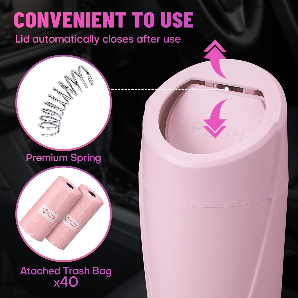 Car Trash Can Bin with Lid - Car Garbage Can Cup Holder - Pink Mini Leakproof Vehicle Garbage Bin with 20pcs Trash Bags - Automobile Organizers and Storage for Front Back Seat Accessories