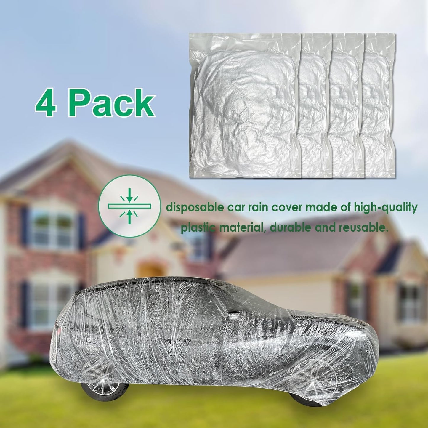 4 Pack Universal Disposable Car Covers - Waterproof Plastic Car Cover for Automobiles - Universal Vehicle Cover with Elastic Band for Sedan Outdoor Snow Rain Weather, (Size L 4Pack)