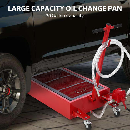 Garvee 20 gal Oil Drain Pan Oil Drain Tank, 76 L Low Profile Oil Drain Pan, Large Capacity Oil Change Pan with Manual Pump & T Foldable Hand and Wheels, 8 ft Hose Oil Drain Cart for Car, SUV, Trucks