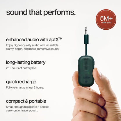 AirFly Pro 2 Deluxe – Bluetooth Adapter for Airplane, Pair 2 AirPods or Wireless Headphones – 3.5mm AUX Bluetooth Transmitter/Receiver for Cars, Boats, Treadmills, TVs – Airplane Travel Essentials