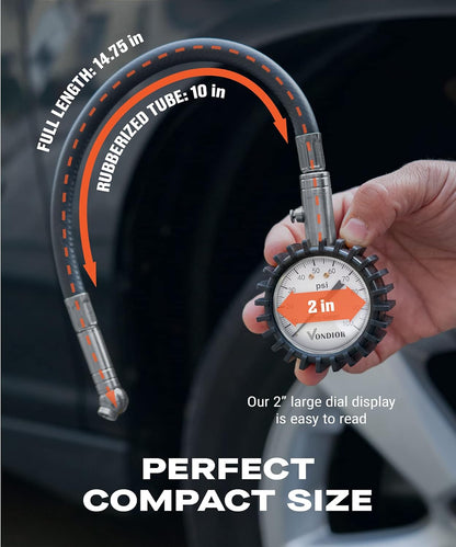 Tire Pressure Gauge - (0-60 PSI) Heavy Duty, Certified ANSI Accurate with Large 2 Inch Easy to Read Glow Dial, Low - High Air Pressure Gauge. Tire Gauge for Car and Trucks Tires by Vondior