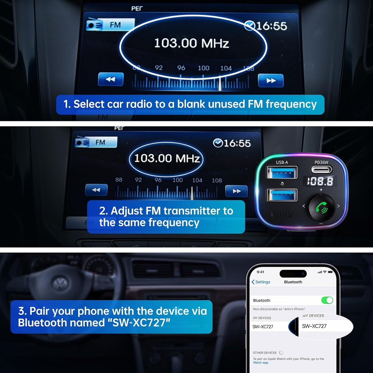 Syncwire Bluetooth 5.4 FM Transmitter Car Adapter 48W (PD 36W & 12W) [Light Switch] [HiFi Bass Sound] [Fast Charging] Wireless Radio Music Adapter LED Display Hands-Free Calling Support USB Drive