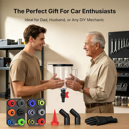 19-Piece No Spill Engine Oil Funnel Kit | 1.6QT Oil Change Kit w/ 12 Adapters, 2 Magnetic Trays, 45° Elbows, Arrow Filter & Gloves | Transparent Body w/Scale & Shut-Off Valve | Universal Fit