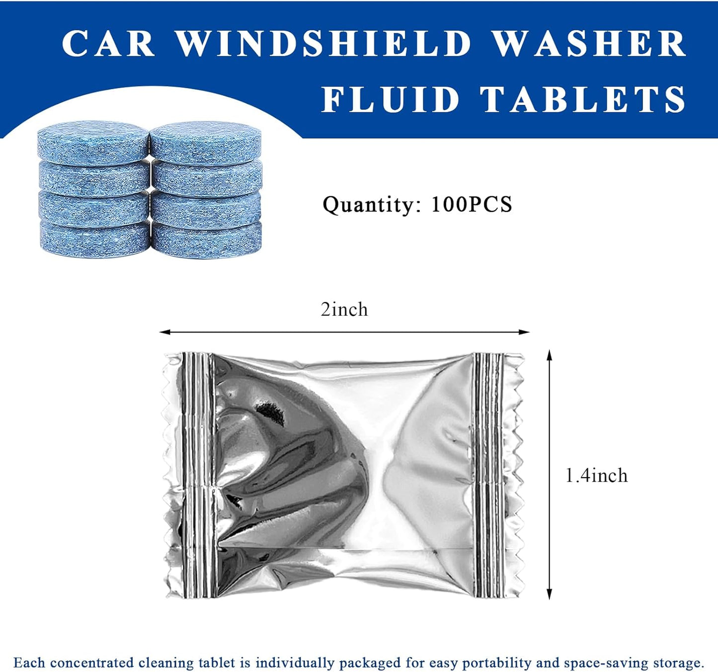 100 PCS Car Windshield Washer Tablets, Auto Window Glass Cleaner Solid Effervescent Tablet, Vehicle Windshield Wiper Fluid Concentrated Cleaning Tablets for Clear Vision