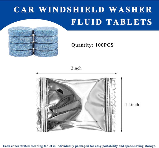 100 PCS Car Windshield Washer Tablets, Auto Window Glass Cleaner Solid Effervescent Tablet, Vehicle Windshield Wiper Fluid Concentrated Cleaning Tablets for Clear Vision