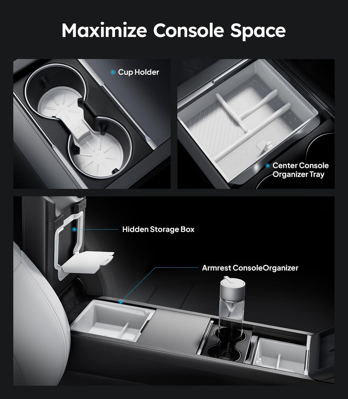 Wigoo Center Console Organizer for Tesla Model Y Juniper (Only Premium & Performance 2025 2026) and All Model 3 Highland Accessories [Double-Layer Storage, Smooth Sliding] 4PCS Black