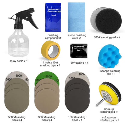 POLIWELL Headlight Restoration Kit 3 Easy Steps to Restore Sun Damaged Headlights Polish Headlights Lens Restore Cleaner DIY Polishing, Sanding Discs, Scouring Pads for Electric Drill, Total 24Pack