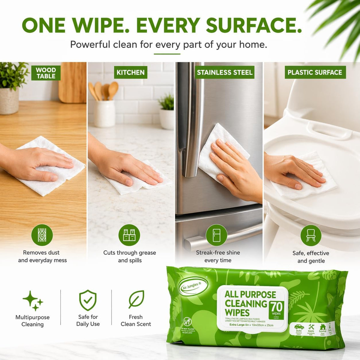 Air Jungles All Purpose Cleaning Wipes 70 Count, Extra Large 8" x 10" Heavy Duty for Car Interior, Kitchen, Bathroom, Gym Equitment, Tools - Non-Toxic Safe for Multi-Surface