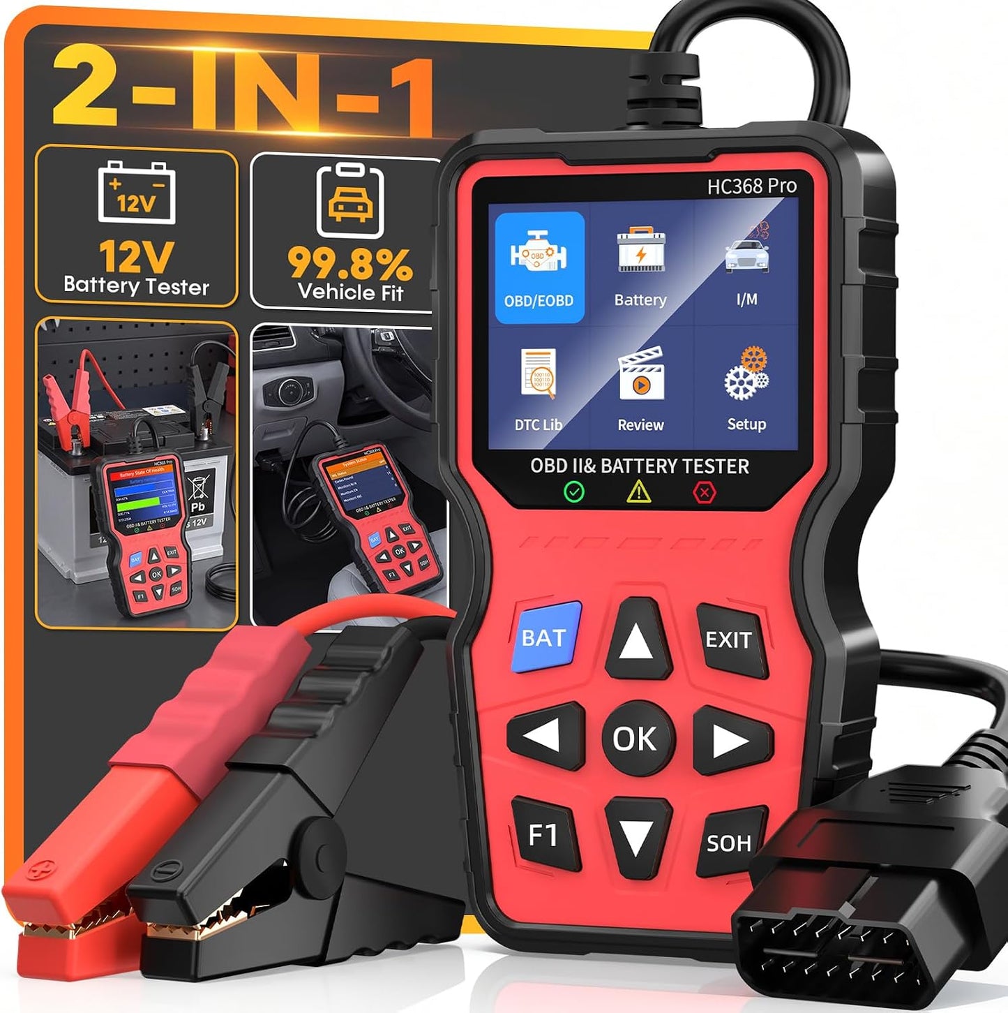 Easy to Use 2-in-1 OBD2 Scanner with Battery Tester: 1S Read & Clear Check Engine Codes + Test Battery in Mins - DIY Car Diagnostic Tool with Cold Cranking Amps for Pre-Trip Safety on 1996+ Vehicles