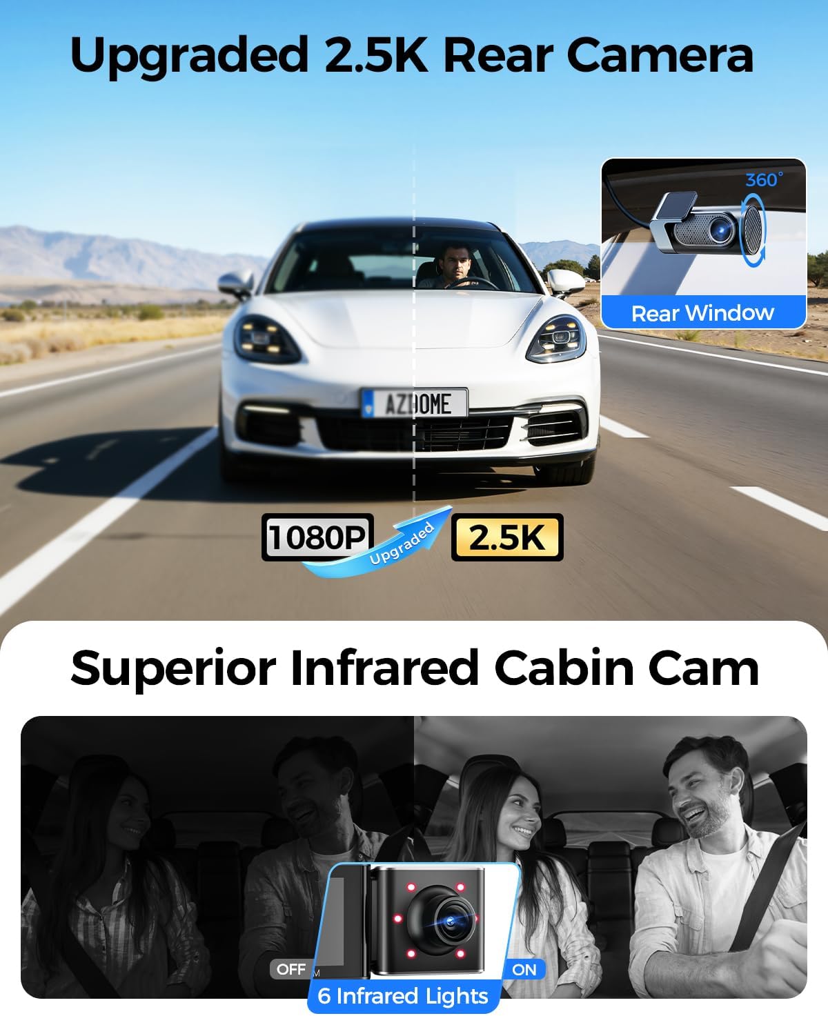 AZDOME M550 Max 4K 3 Channel Dash Cam, Dual STARVIS 2 Sensors, 4K+2.5K+1080P Front and Rear Inside Triple Car Camera, Built-in WiFi GPS, 64GB Card Included, IR Night Vision, Ride Share Accessories