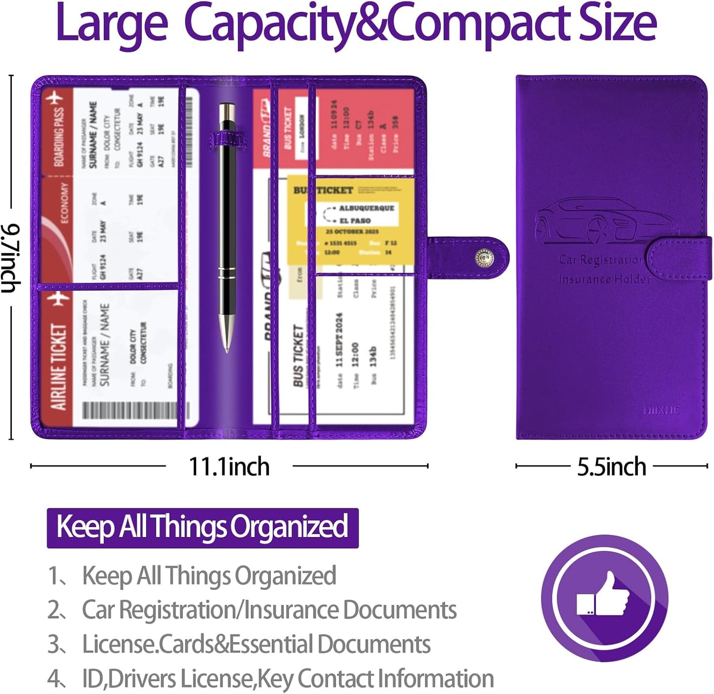 Car Registration and Insurance Card Holder with Magnetic Closure, Leather Vehicle Glove Box Automobile Documents Paperwork Wallet Case Organizer for ID, Driver's License, Key Contact Information Cards
