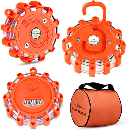 Tobfit 6 Pack LED Road Flares Emergency Lights Roadside Safety Beacon Disc Flashing Warning Flare Kit with Magnetic Base & Hook for Car Truck Boats | 9 Flash Modes (Batteries Not Included) (6)