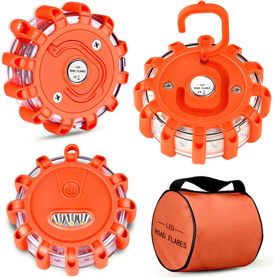 Tobfit 6 Pack LED Road Flares Emergency Lights Roadside Safety Beacon Disc Flashing Warning Flare Kit with Magnetic Base & Hook for Car Truck Boats | 9 Flash Modes (Batteries Not Included) (6)