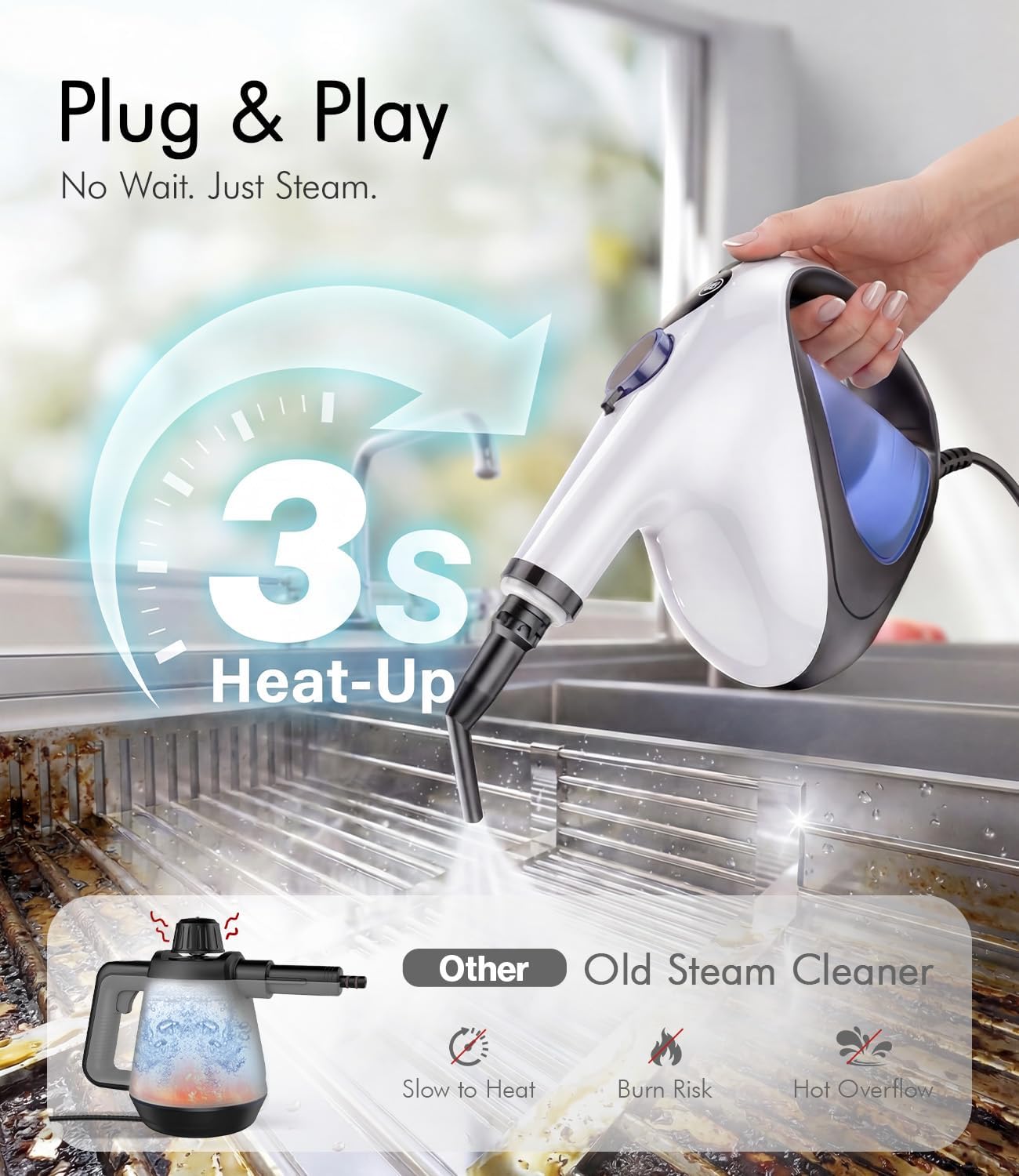 Handheld Steam Cleaner for Home 3s Instant Heat-Up No Need to Wait, Upgrade 2 LB Light Weight Easy Refill Portable Steamer Cleaner for Furniture Couch Grout Walls Kitchenware (White)