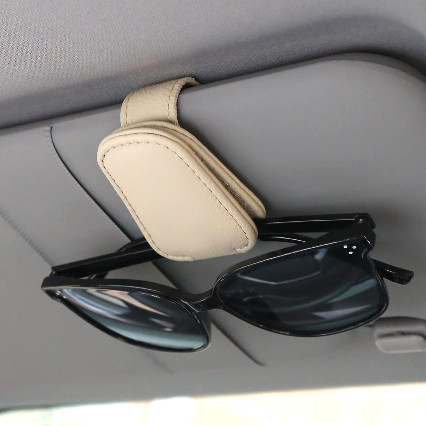 KIWEN Sunglasses Holders for Car Visor, Magnetic Leather Glasses Eyeglass Clip for Car, Ticket Card Clip Sunglasses Mount, Car Visor Accessories Gadgets (1, Black)
