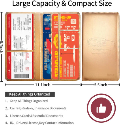 Car Registration and Insurance Card Holder - Leather Vehicle Glove Box Automobile Documents Paperwork Wallet Case Organizer for ID, Driver's License, Key, Cards - Car Accessories for Women&Men