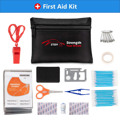 STDY Car Roadside Emergency Kit, Vehicle Truck Safety Road Side Assistance Kits Auto Accessory, with Jumper Cables, Tow Rope, Reflective Triangle, Tire Pressure Gauge, etc