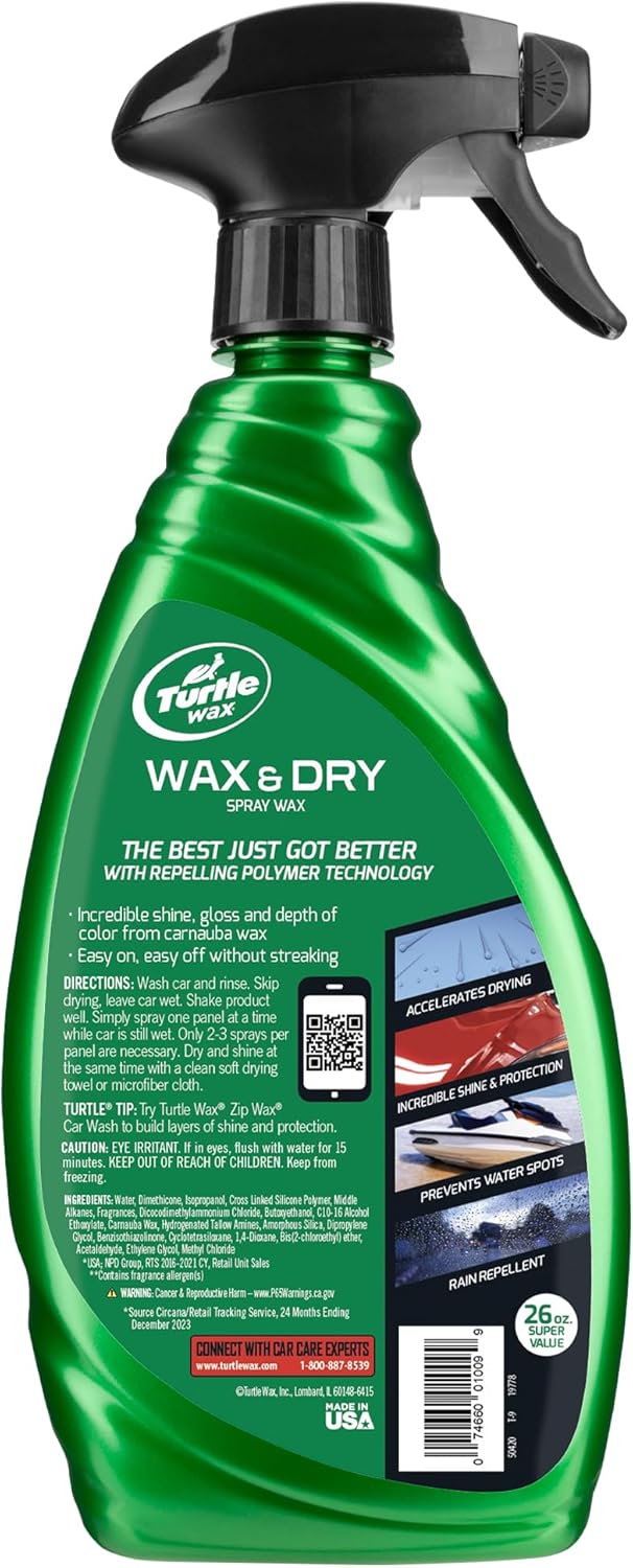 Turtle Wax 50834 1-Step Wax and Dry, Quick and Easiest Step to High Shine, for Cars, Trucks, Motorcycles and RVs, 26 oz. Double Pack with Microfiber Towel
