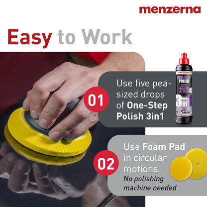 menzerna One-Step Polish 3in1 I Medium Cut Polish with High Gloss Finish & Seal in One I Buffing & Polishing Compound for Car Maintenance I Swirls, Holograms & Scratches I Car Body Repair I 8 fl oz.
