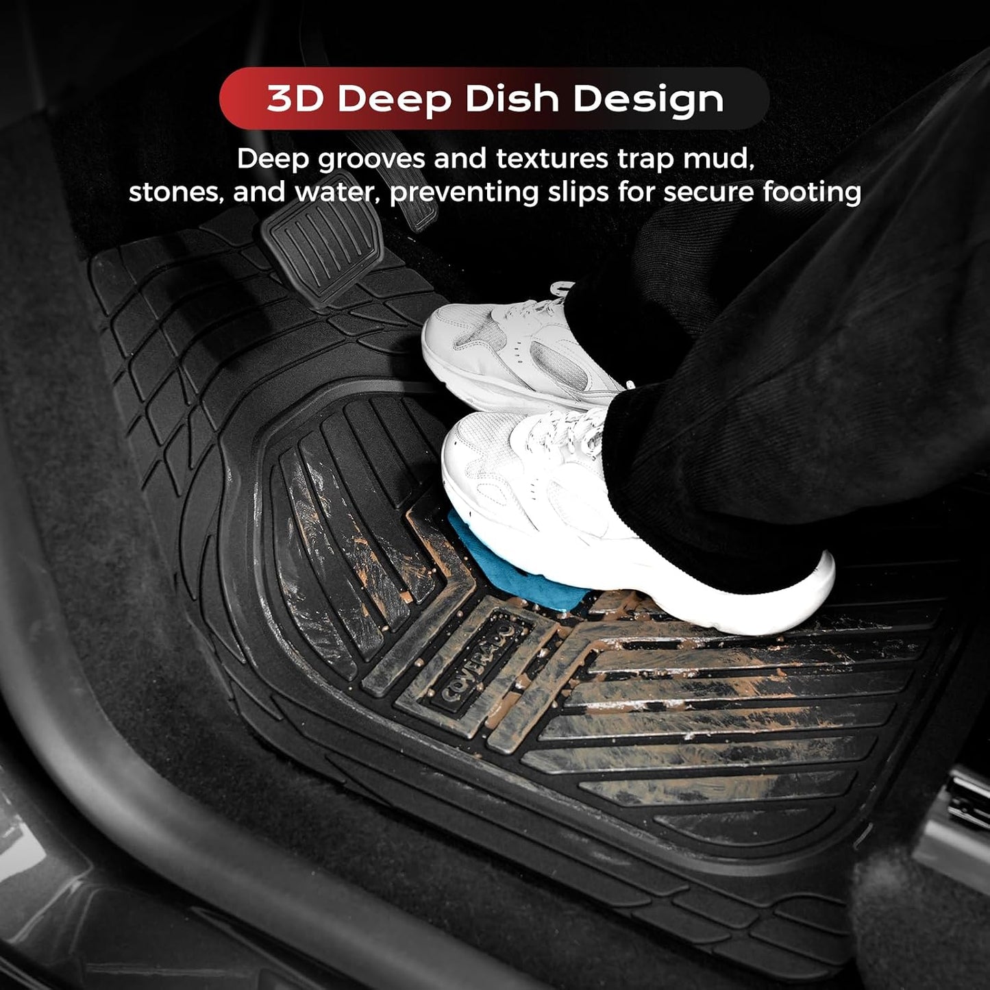 Coverado Car Floor Mats All Weather Waterproof Deep Dish Anti-Slip Car Mats Set, Heavy Duty Rubber Floor Mats for Cars, Universal Trim to Fit Automotive Floor Mats for Cars Trucks SUV, Black&Red