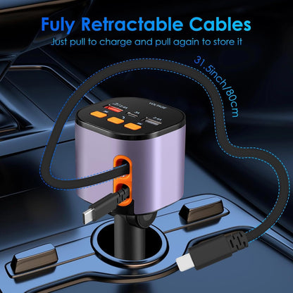 Retractable Car Charger,5 in 1 Fast Cars Phone Charger 90W,Bluetooth 5.3 FM Transmitter Adapter,Handsfree Call,2 Retractable Cables and USB Chargers for iPhone17/16 15/14/13