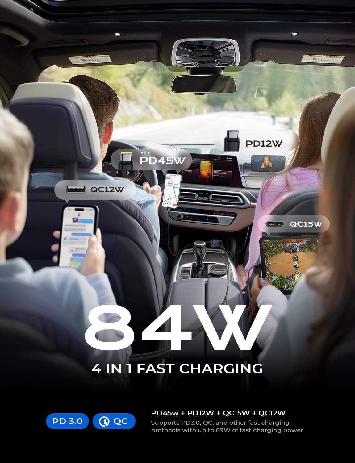LISEN Retractable Car Charger, 84W Car Charger USB C Fast Charger, Cigarette Lighter USB Charger Adapter, Car Accessories Birthday Gifts for Men Women Dad Mom Husband, for iPhone 17 16 15 14 13 12 11