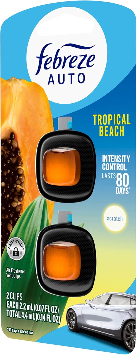 Febreze AUTO Air Freshener, Odor-Fighting Automotive Vent Clip, Scented Car Accessories, Long Lasting for Strong Odors, Tropical Beach Scent, 2 Count