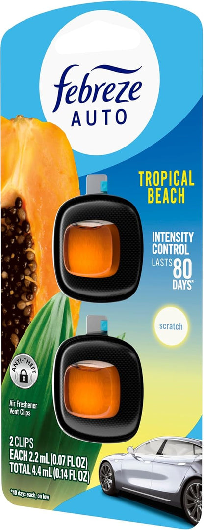 Febreze AUTO Air Freshener, Odor-Fighting Automotive Vent Clip, Scented Car Accessories, Long Lasting for Strong Odors, Tropical Beach Scent, 2 Count