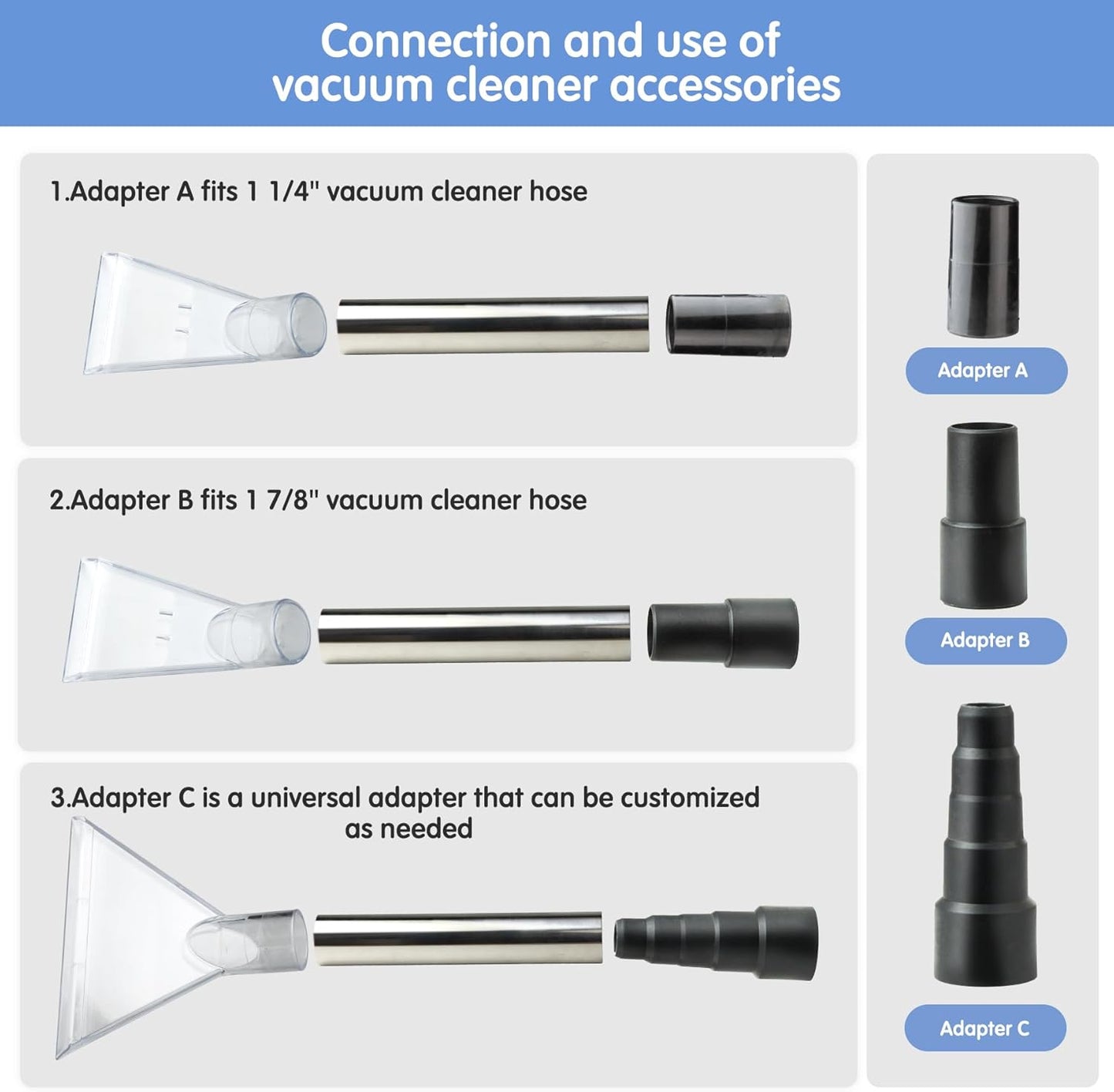 Universal Clear Vacuum Extraction Accessory with 1-1/4“,1-7/8” and 2-1/2” Adapter,Compatible with All Shop Vac Extractor,Wet Dry Vacuum Cleaner Attachments for Upholstery,Carpet Cleaning,Car Detailing