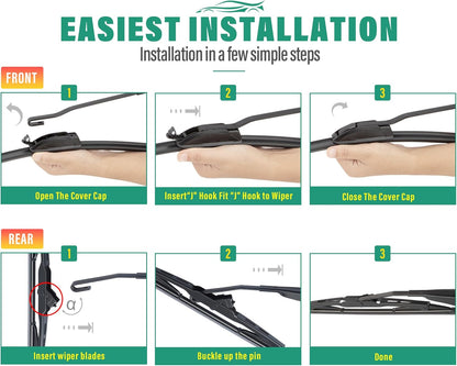26" 16" 12" Windshield Wiper Blades Replacement for Toyota RAV4 2019 2020 2021 2022 2023 2024 2025 RAV 4 / Mazda 5 2006-2015 Premium All Weather Front Rear Wipers Set - OEM Quality (Pack of 3) - Colors D