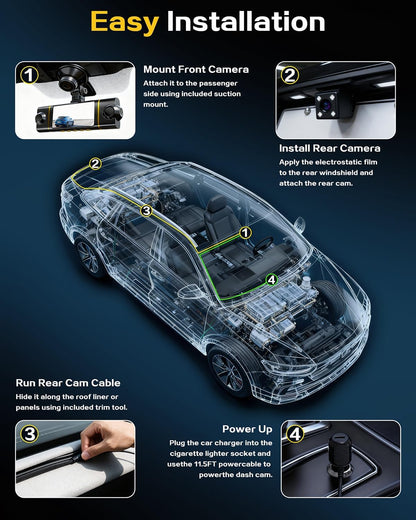 4K+1080P*3 FHD Car Camera, 4 Channel 360° Dash Cam Front Rear Inside & Left Right, 5GHz WiFi & App Control, 24H Parking Mode, G-Sensor, 8 IR Lamps Night Vision, Loop Recording, Includes 64GB SD Card