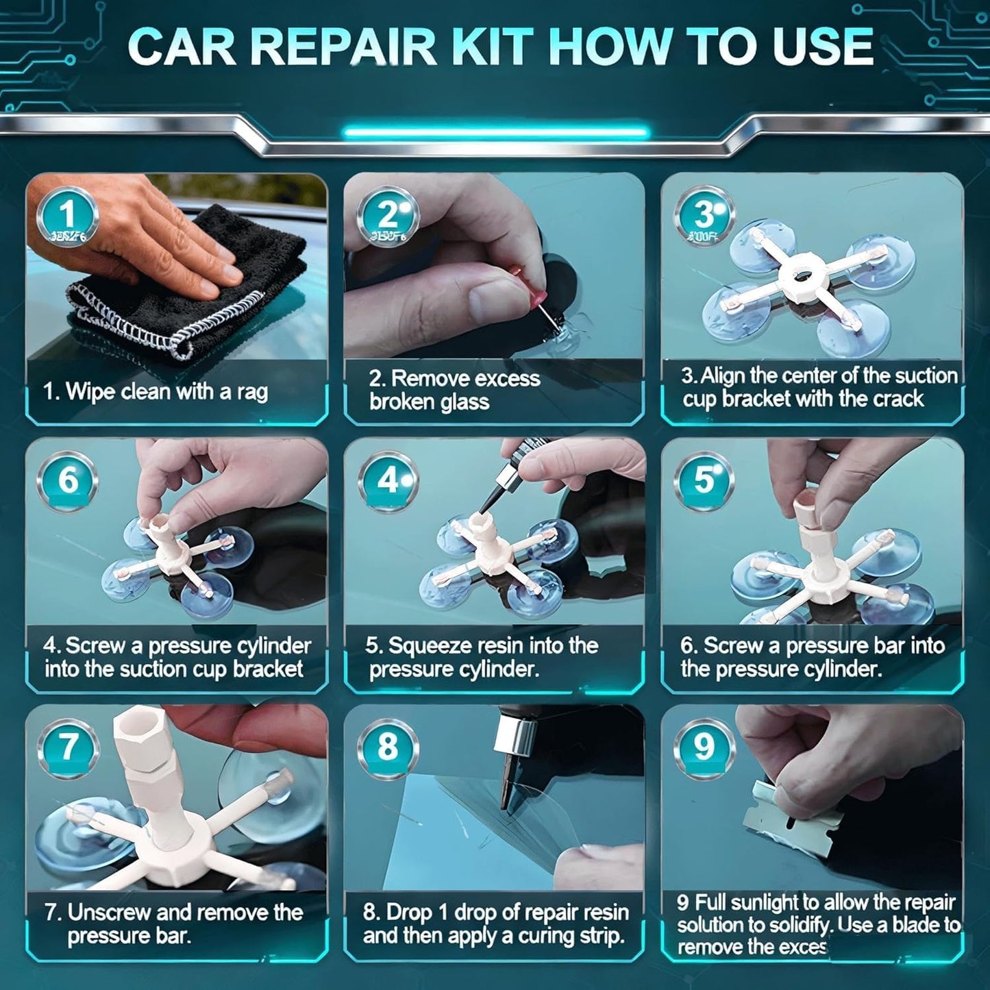 Windshield Repair Kit, Windshield Chip Repair Kit, Rock Chip Repair Kit,2 Pcs Car Glass Repair Kit Quick Fix for Chips & Cracks, Windshield Crack Repair Kit, Automotive Nano Fluid（Navy）