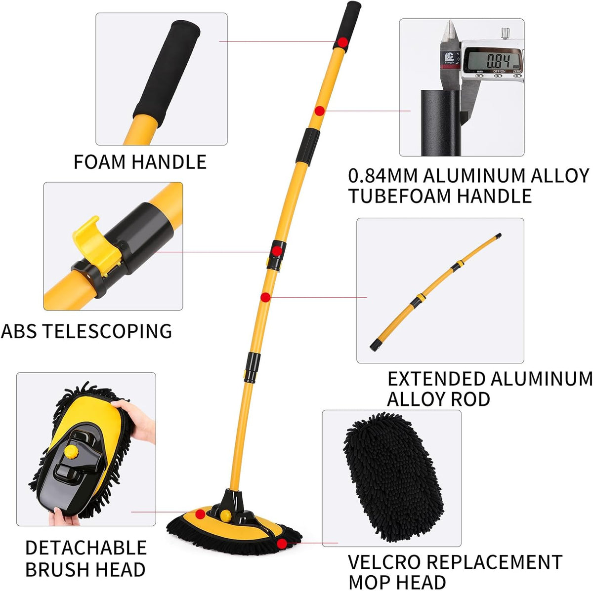 57'' Car Wash Brush with Long Handle Chenille Microfiber Car Wash Kit， Mitt Retractable Bent Pole Car Wash Brush for Cars RV Truck Boat (Yellow)