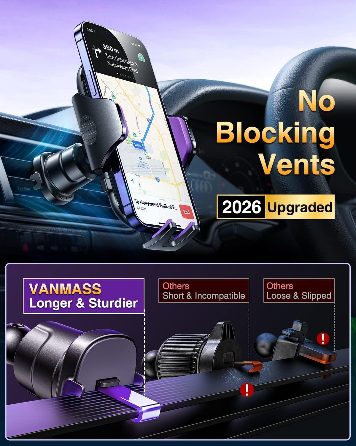 [True Military-Grade] Car Phone Holder VANMASS [Upgraded Strongest Suction&Clip] Cell Phone Mount for Dashboard Windshield Vent Kit, Truck Cradle Stand for iPhone 17 Pro Max 16 15 14 Android,Ink Black