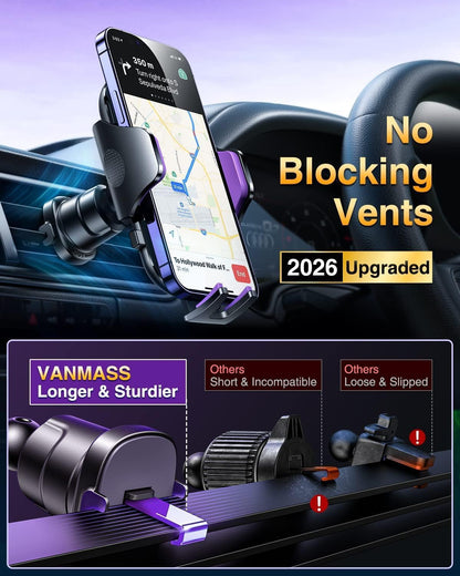 [True Military-Grade] Car Phone Holder VANMASS [Upgraded Strongest Suction&Clip] Cell Phone Mount for Dashboard Windshield Vent Kit, Truck Cradle Stand for iPhone 17 Pro Max 16 15 14 Android,Ink Black