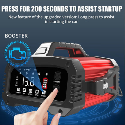 E-FAST 25A Smart Car Battery Charger, 12V/24V Automatic Automotive Battery Maintainer & Desulfator with 200s Booster Mode - Adjustable Amp Trickle Charger for Lead-Acid, AGM, Gel, LiFePO4