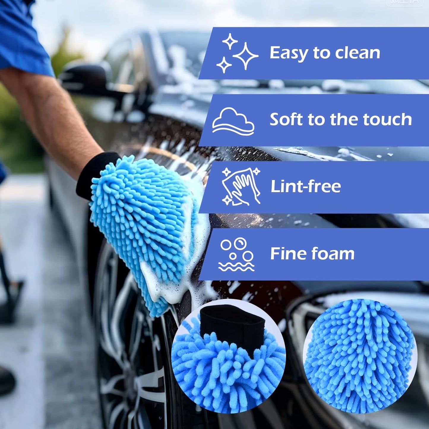 4Pcs Car Wash Mitt Microfiber Gloves Chenille Material Microfiber Towels for Car Washing Supplies Kit Scratch Free Cleaning Fluorescent Green + Royal Blue