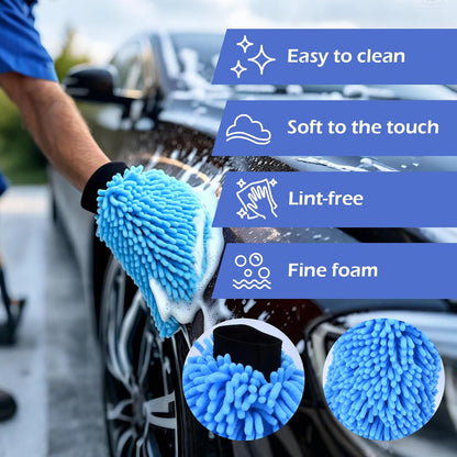 4Pcs Car Wash Mitt Microfiber Gloves Chenille Material Microfiber Towels for Car Washing Supplies Kit Scratch Free Cleaning Fluorescent Green + Royal Blue